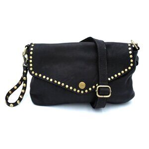 Aria Envelope Black Crossbody Bag Italian Washed Leather Wristlet Option Studded